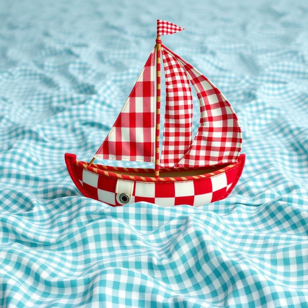 Gingham Sailboat Glides Across a Whimsical Gingham Sea