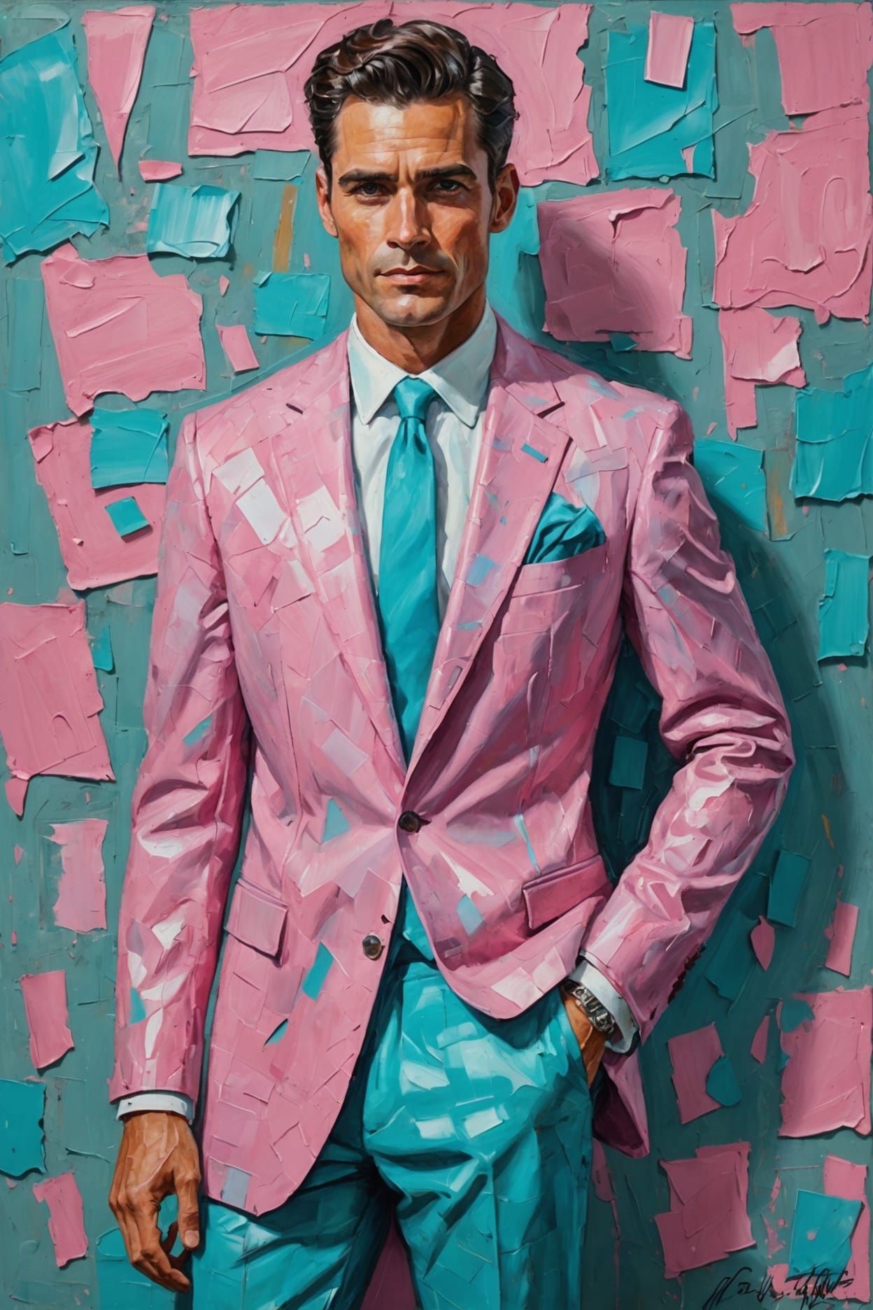 Handsome Man in Pink and Cyan Suit, Impasto Painting