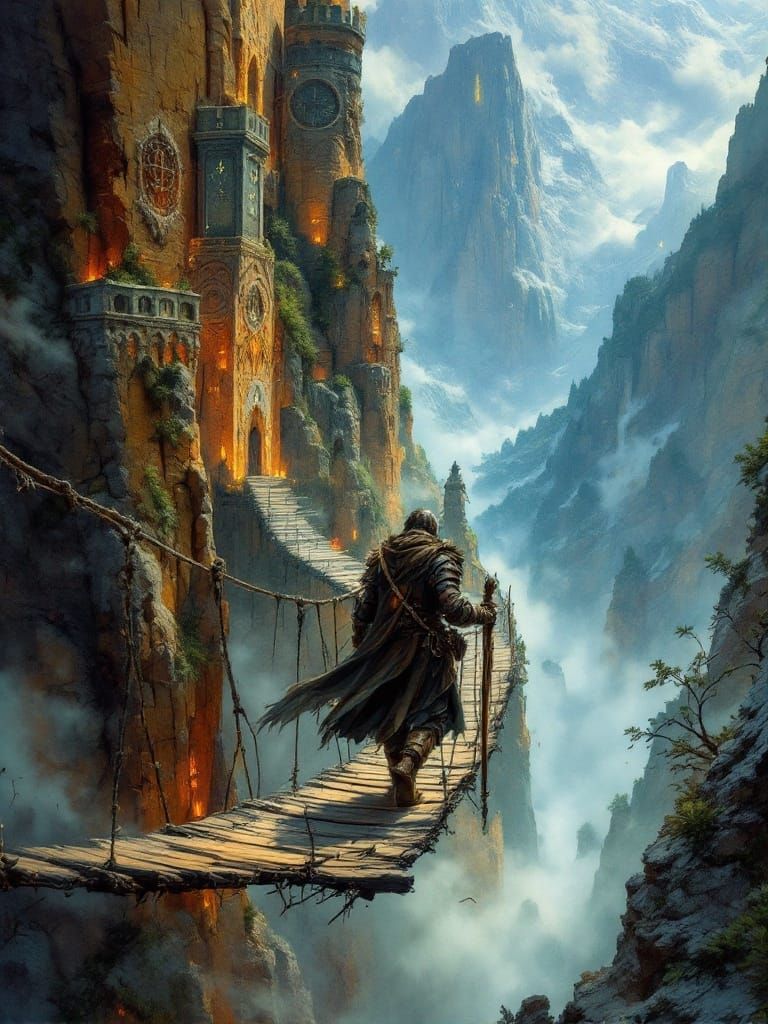 Brave Adventurer Crosses Creaky Rope Bridge in Epic Fantasy ...