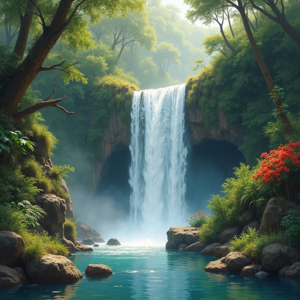 Lush Waterfall Scene with Tropical Flowers