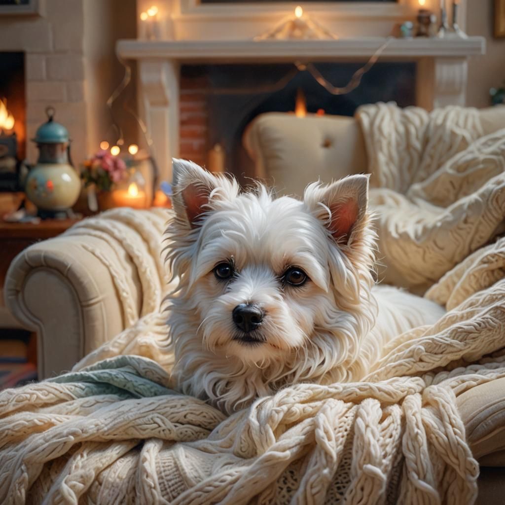 Dog in Cozy Room: Ethereal Oil Painting