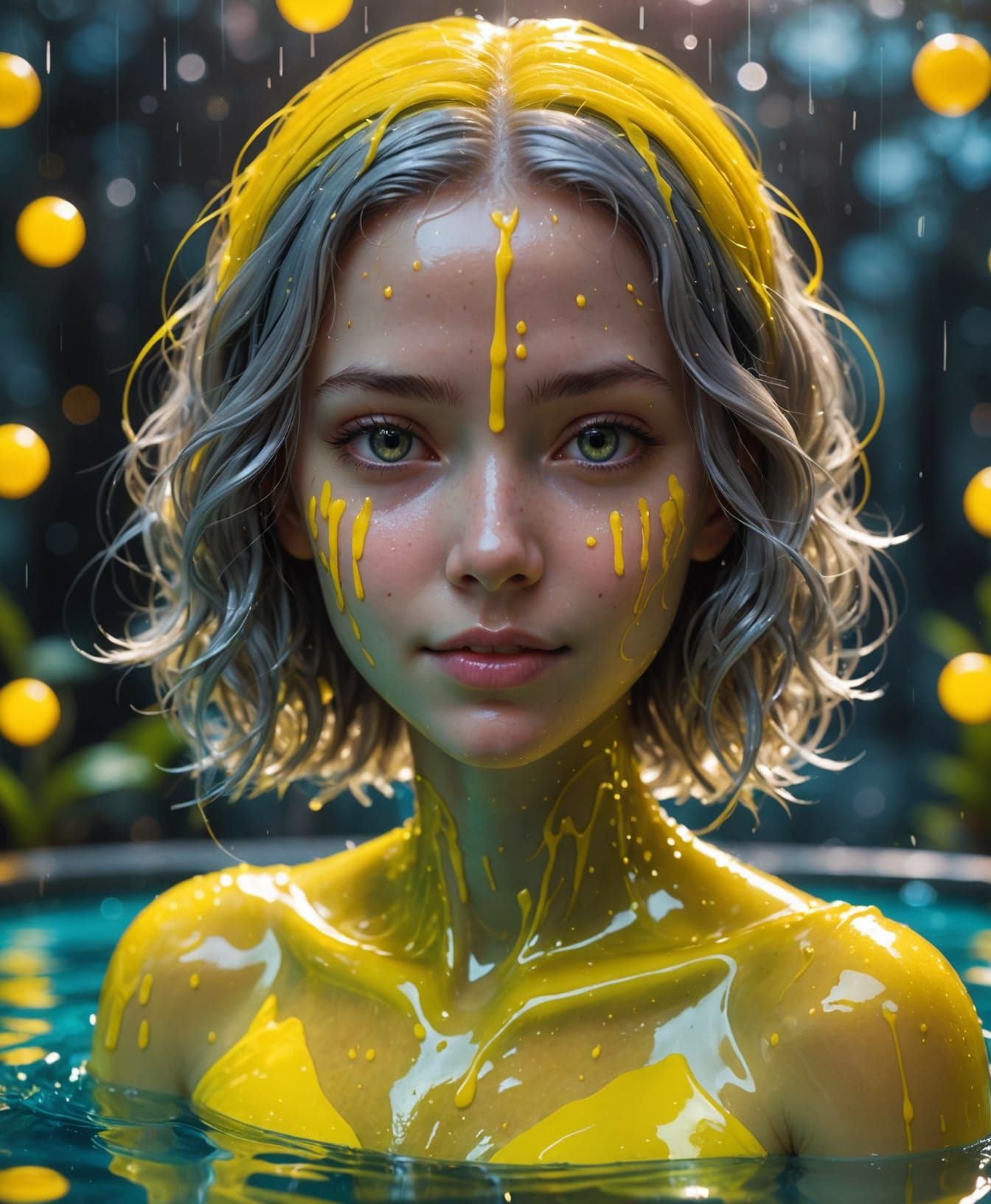 Ethereal Slime Girl in Shimmering Pool, Digital Art