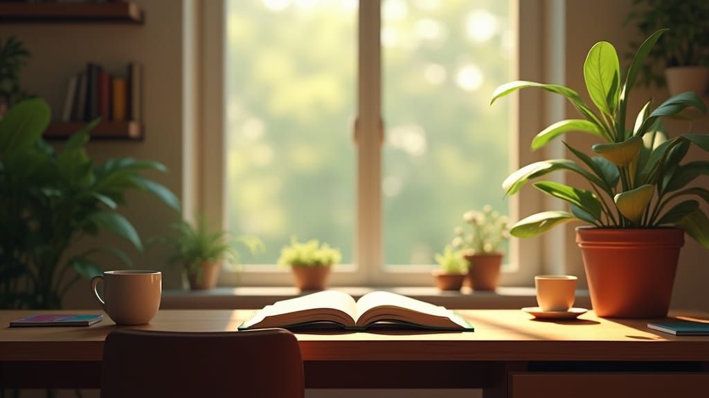 Cozy Study with Serene Nature View: Matte Painting