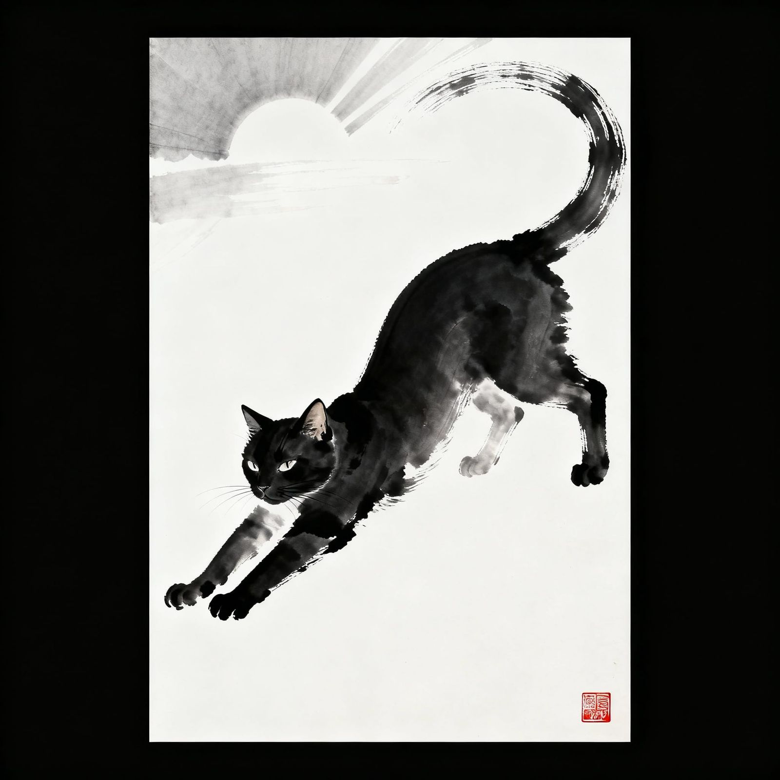 Black Cat Stretching in Sunbeam Sumi-e Painting