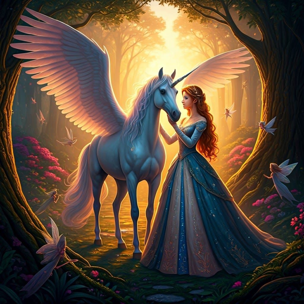 Princess and Unicorn in Enchanted Forest
