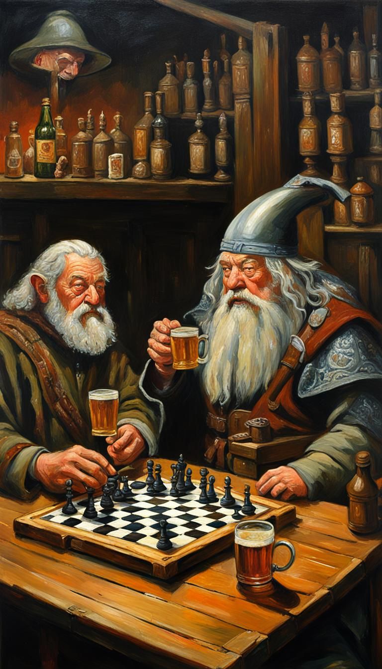 Gandalf and Gimli in Irish Bar, Oil Painting
