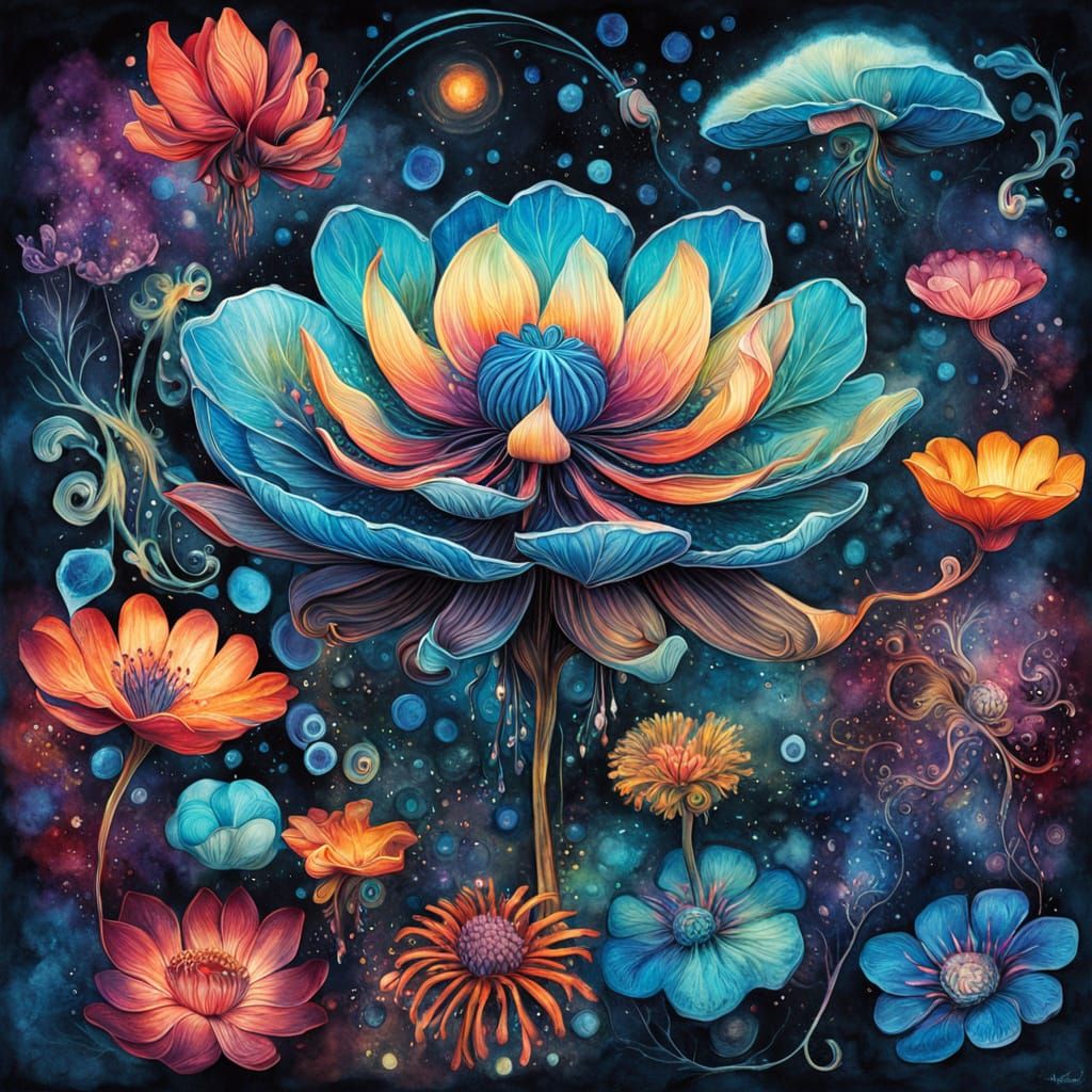 Bioluminescent Alien Flower Botanical Illustration