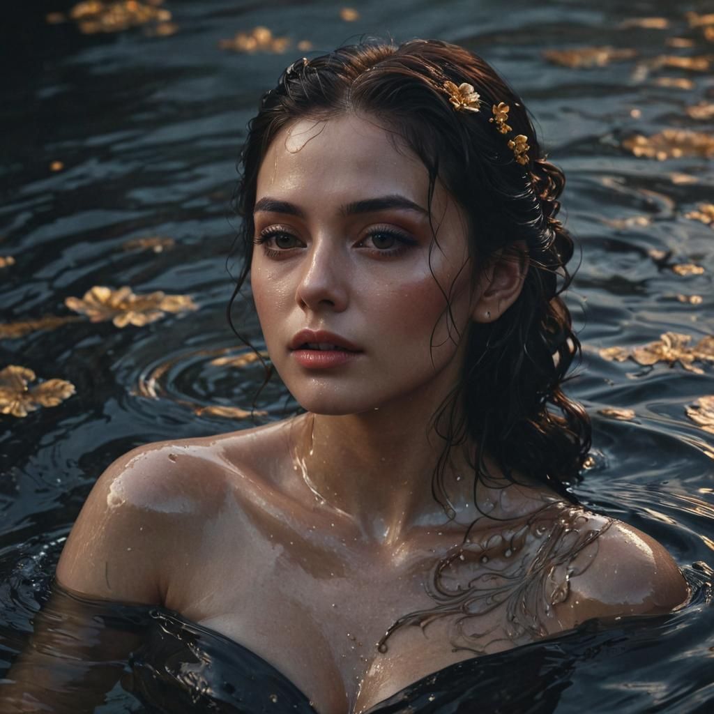Woman Sinking in Dark Water: Photorealistic Digital Art