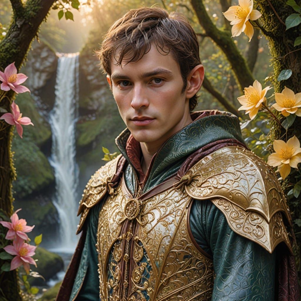 Elegant Elf King with Golden Bow at Sunrise Waterfall