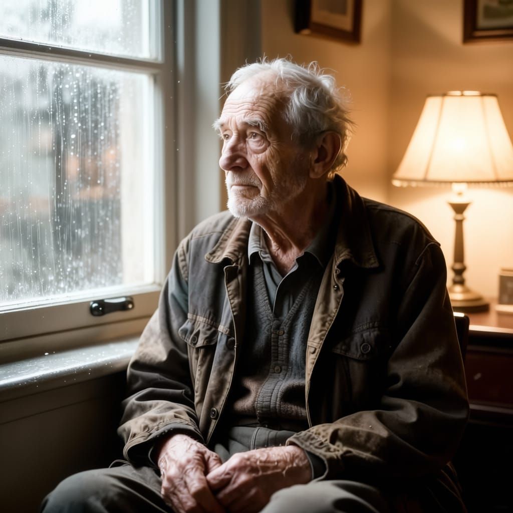 Old Man Lost in Thought by Rainy Window
