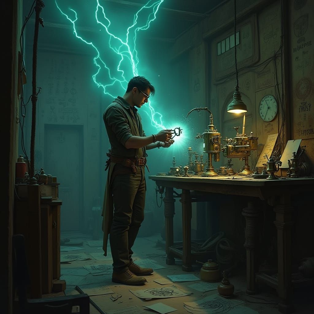 Mysterious Inventor Works Amidst Arcane Symbols and Steam-Pu...