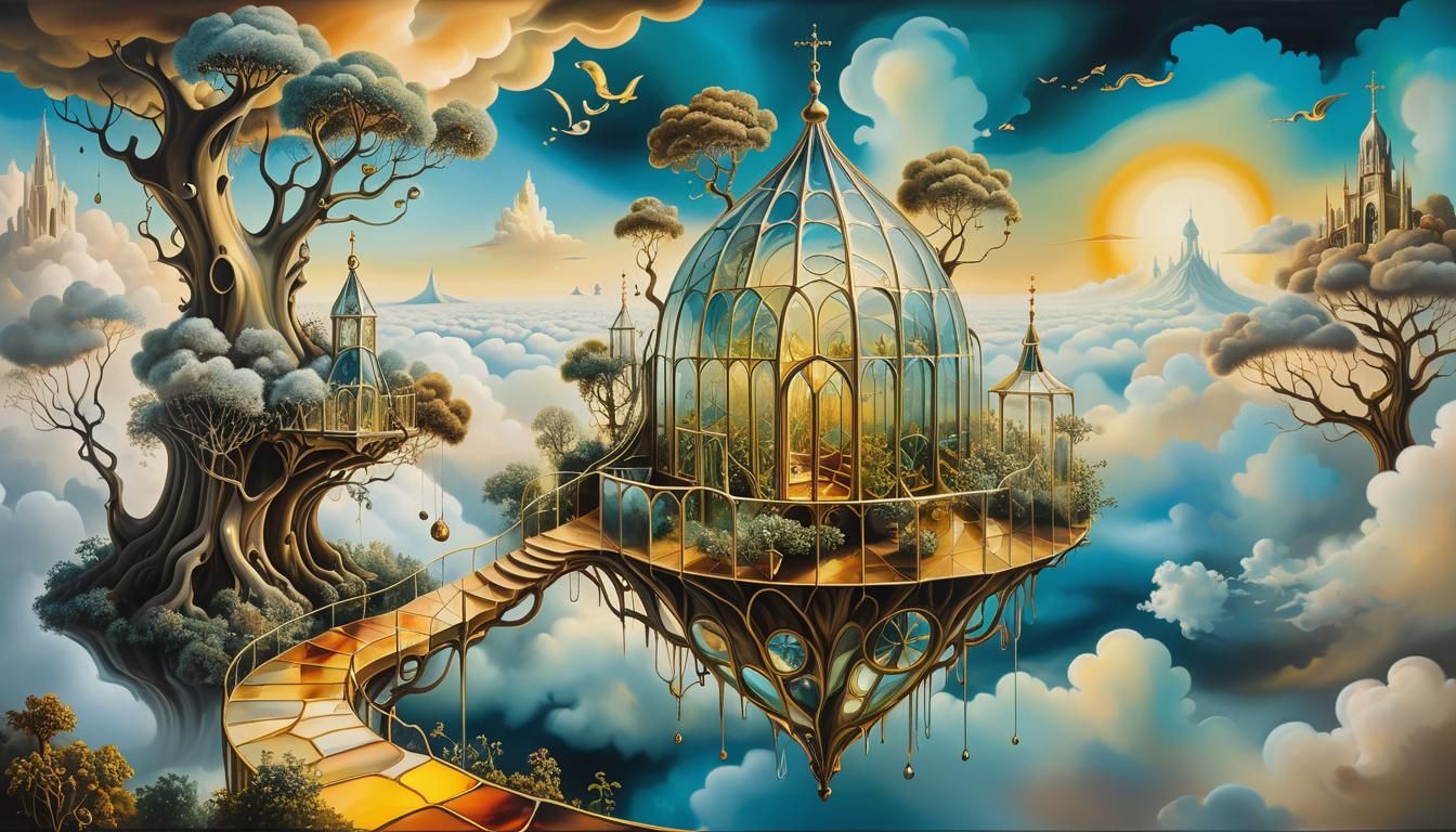 Ethereal Treehouse Cathedral in Surrealist Oil Painting