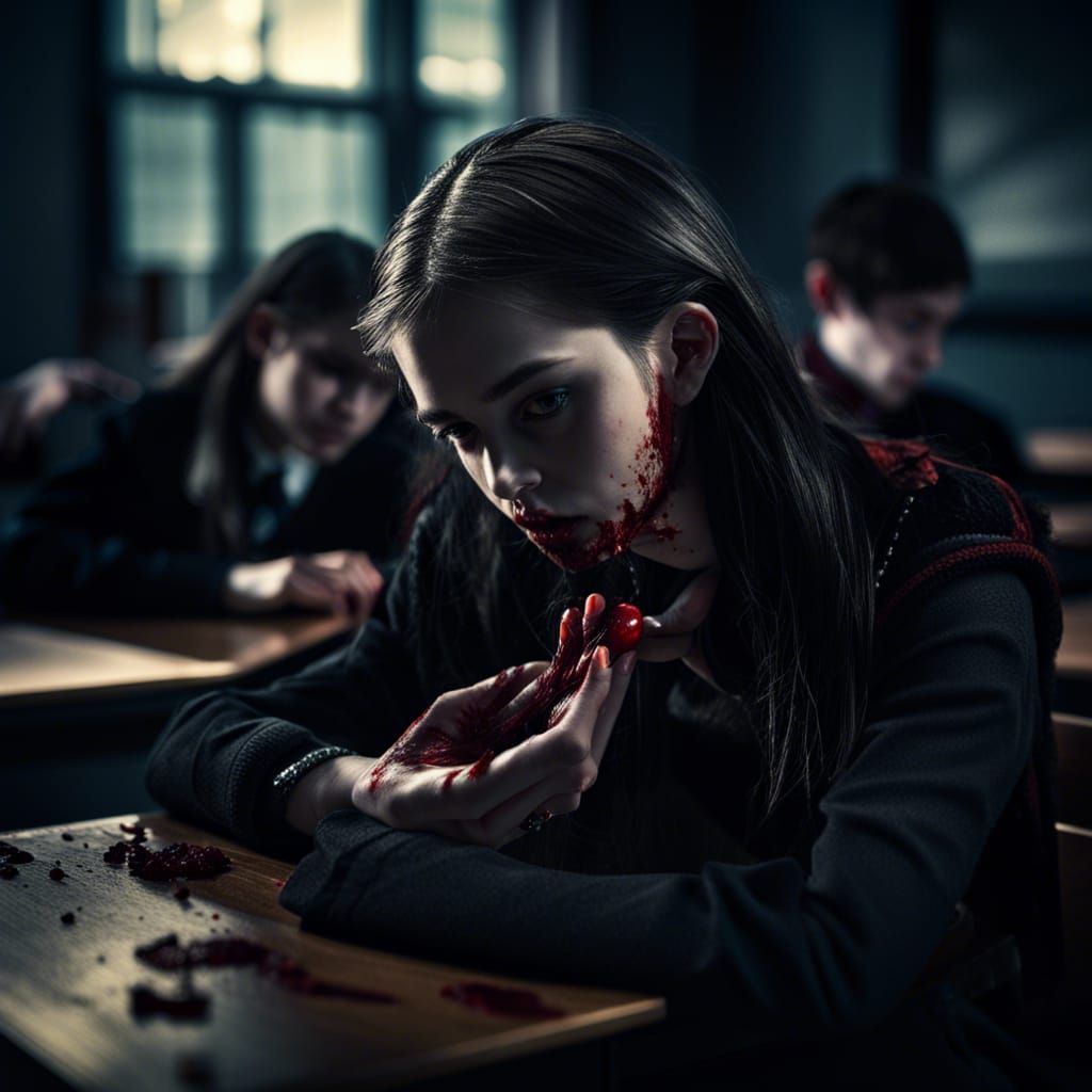 Vampire Girl in Classroom: Hyperrealistic HDR Image