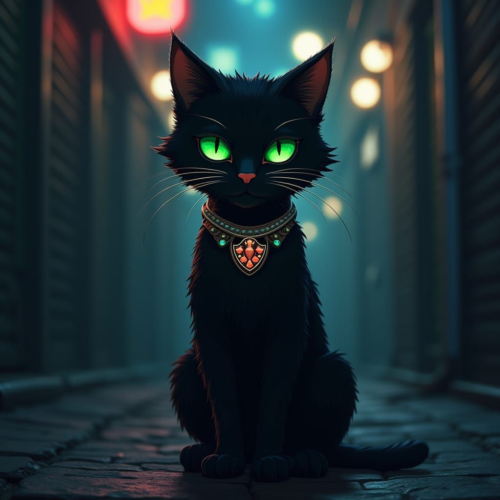 Regal Black Feline in Neon Alleyway, Anime-Inspired
