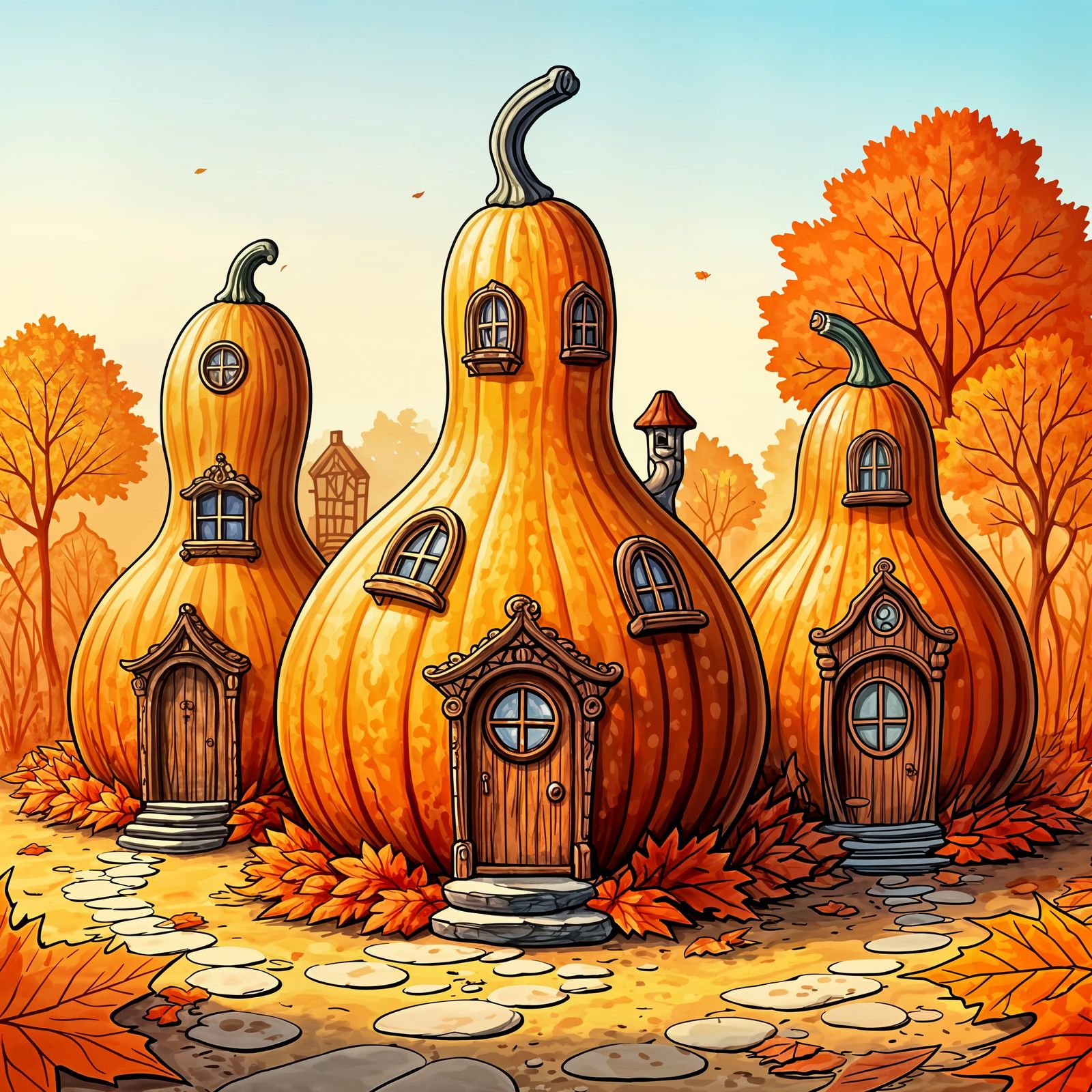 Cozy Gourd Village in Autumn Watercolor