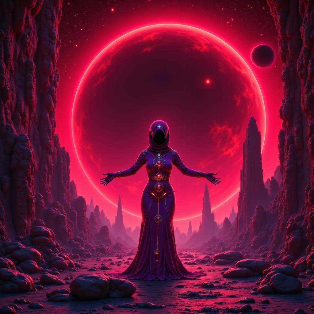 Space Priestess Under Crimson Moon, Vintage Futurism