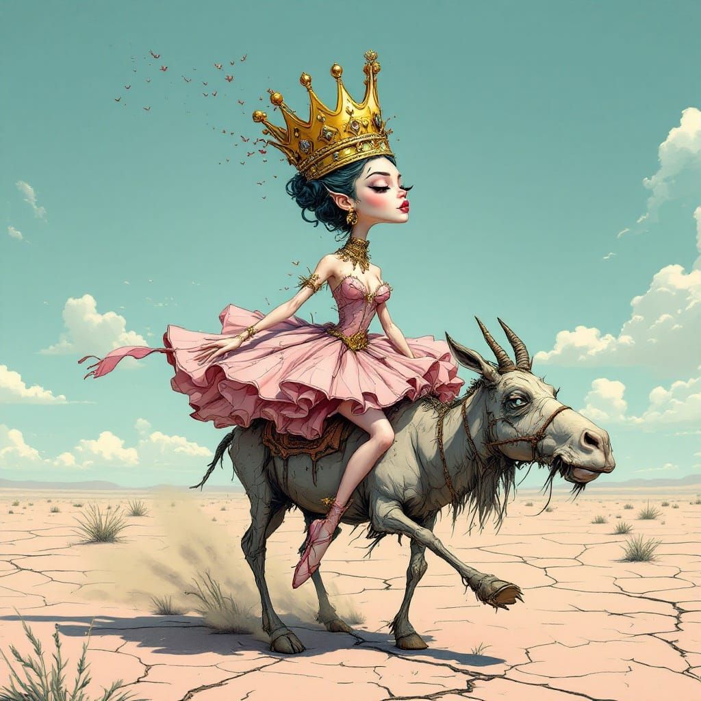 A comically arrogant BALLERINA wearing an oversized tarnishe...