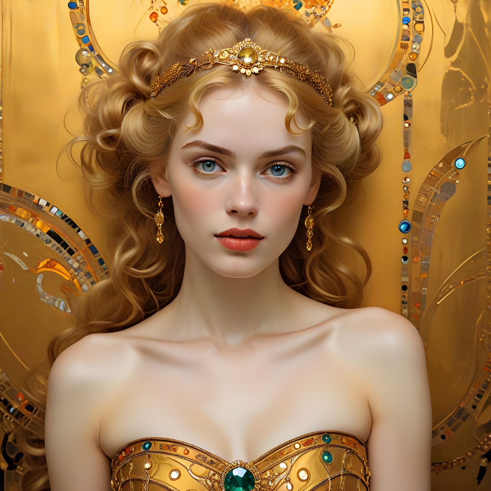 Regal Blonde Woman in Yellow Jewelled Headdress