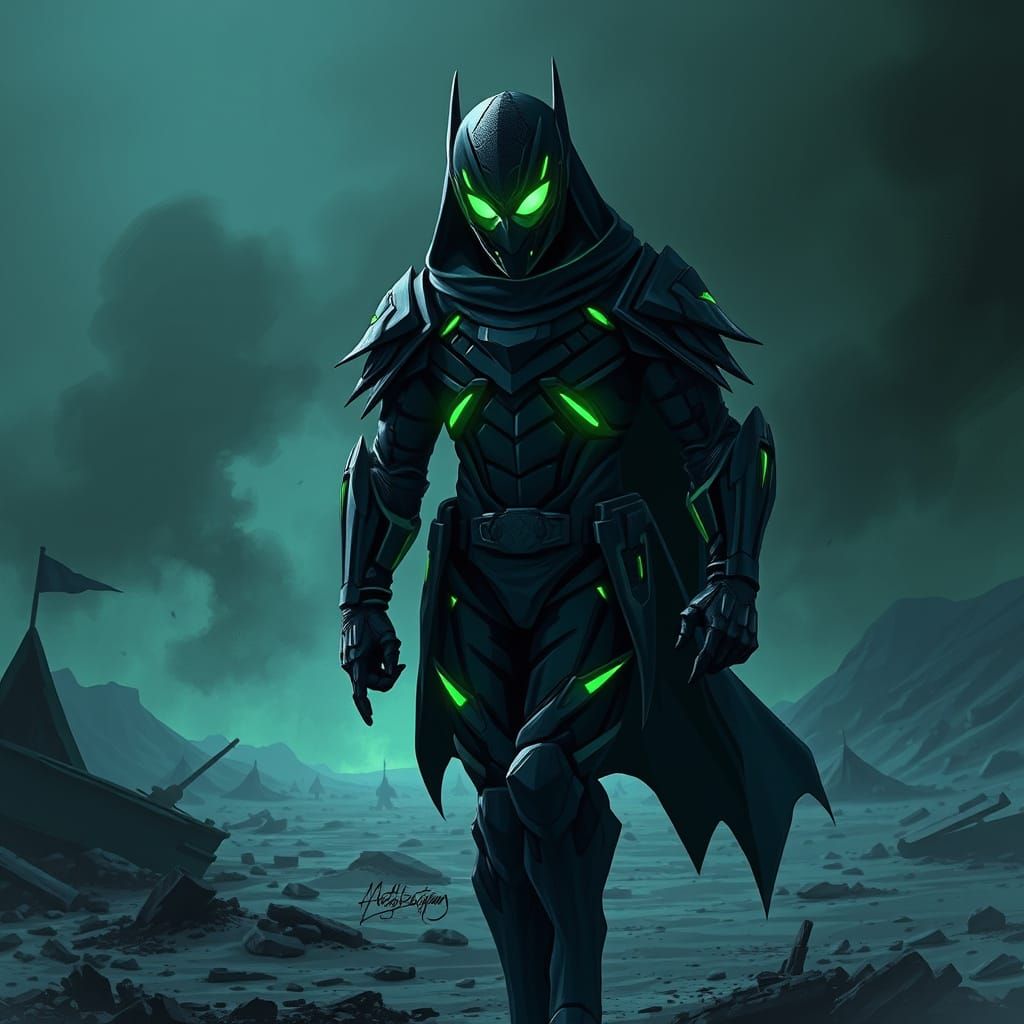 Vigilante Warrior in Dark, Gritty Cel-Shaded Armor