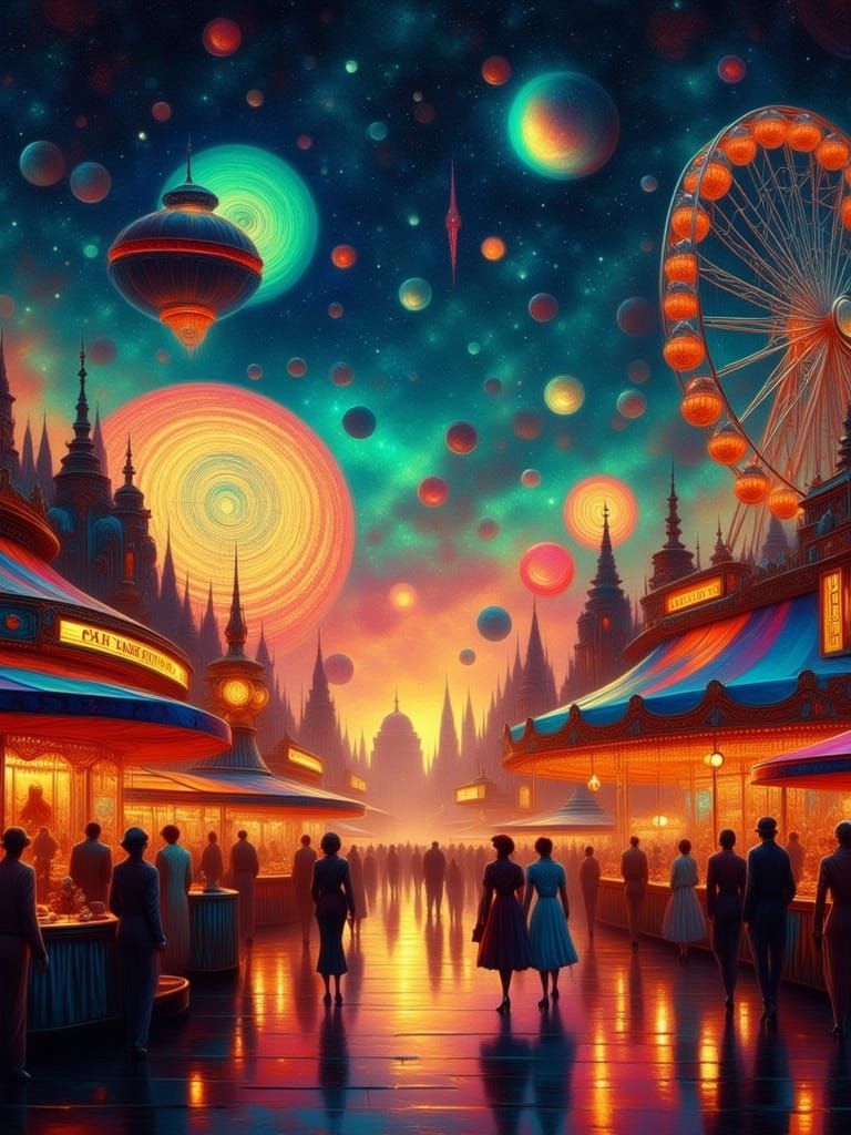 Retro-Futuristic Carnival Under Vibrant Outer Space Sky