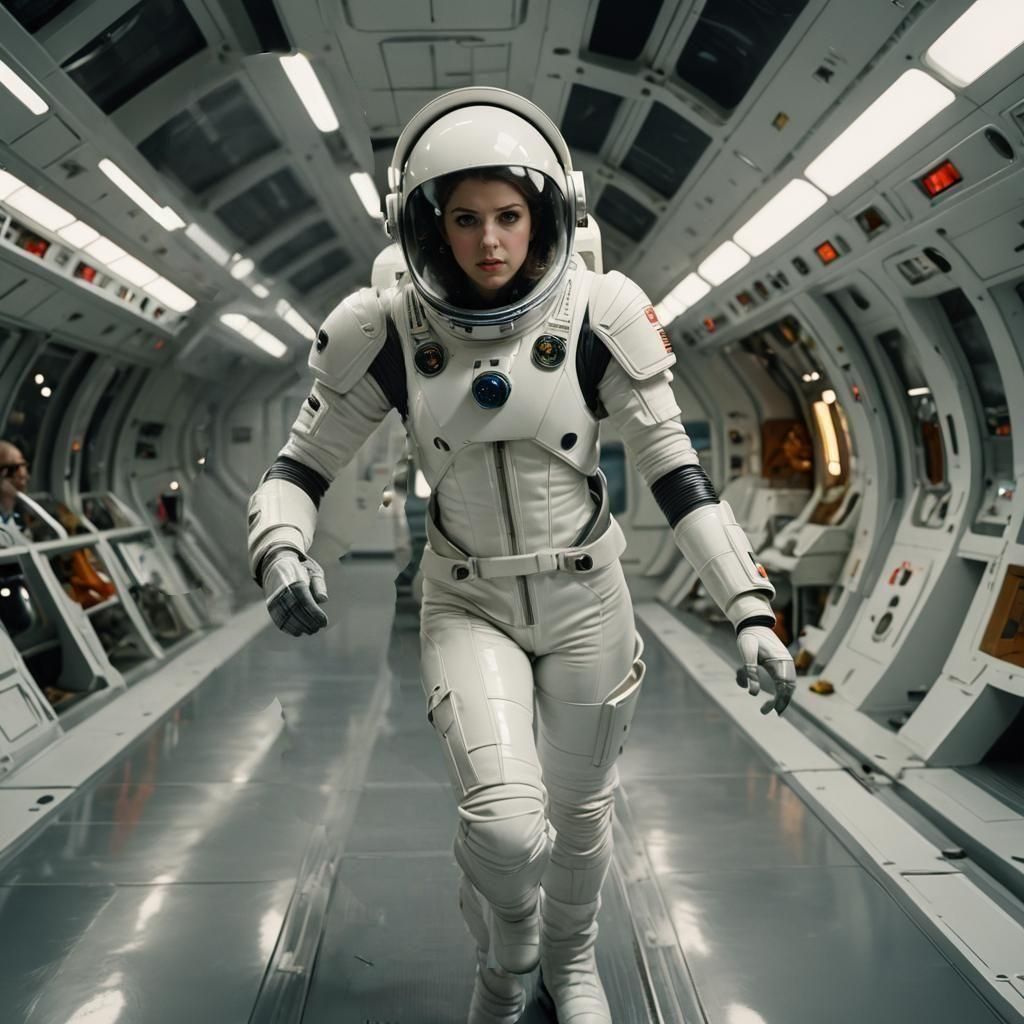 Curvaceous Woman in Spacesuit Inside Spaceship Hangar