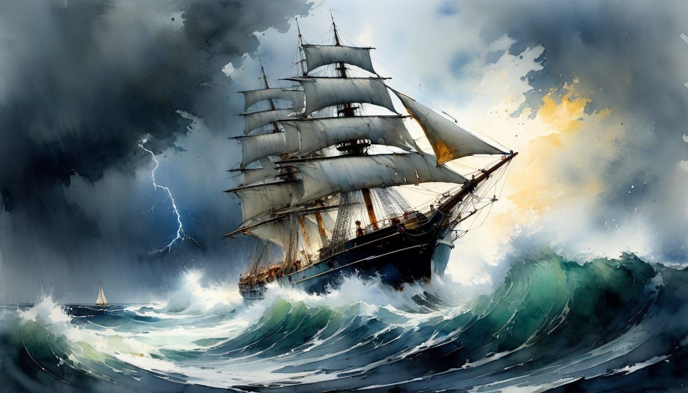 Watercolor Sailing Ship in Turbulent Stormy Sea