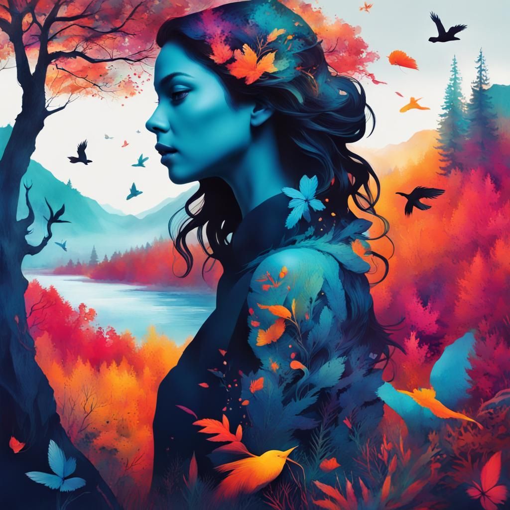 Ink Art: Girl and Nature in Harmony