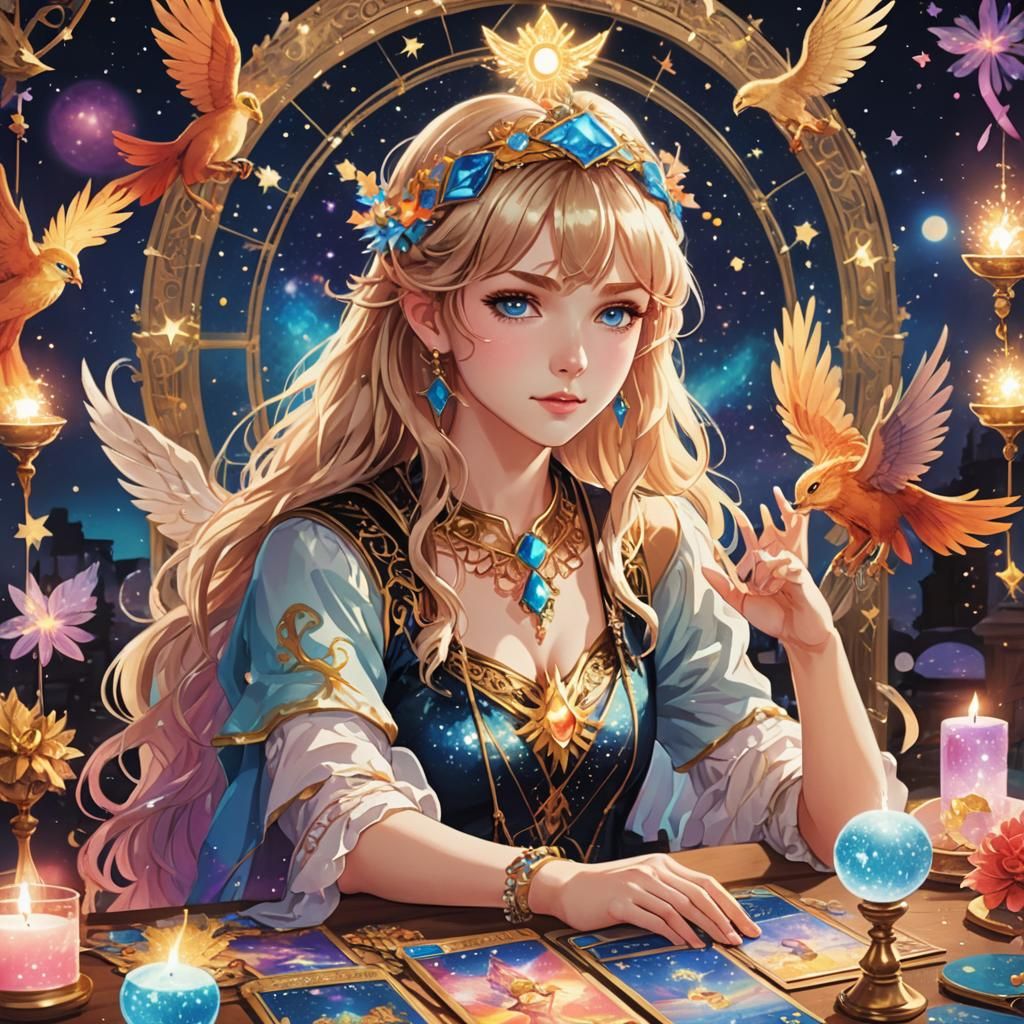 Anime Tarot Reader with Phoenix Decor and Blonde Hair