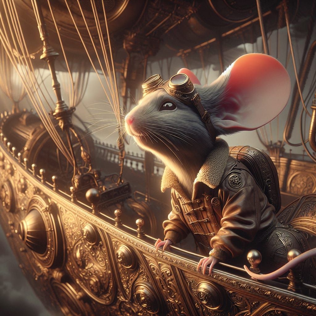 Steampunk Mouse Aviator on Airship in 8k