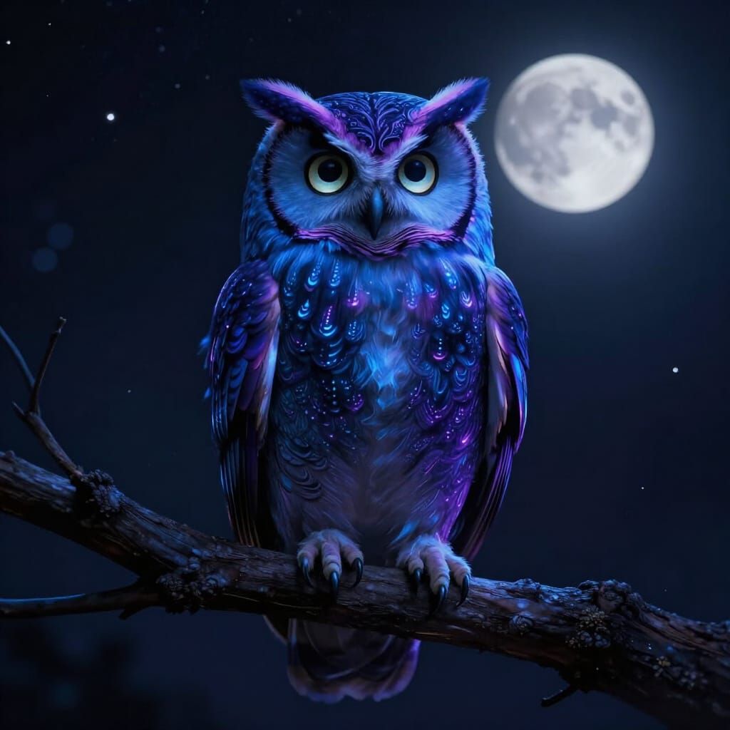 Ethereal Owl with Glowing Eyes on Moonlit Branch