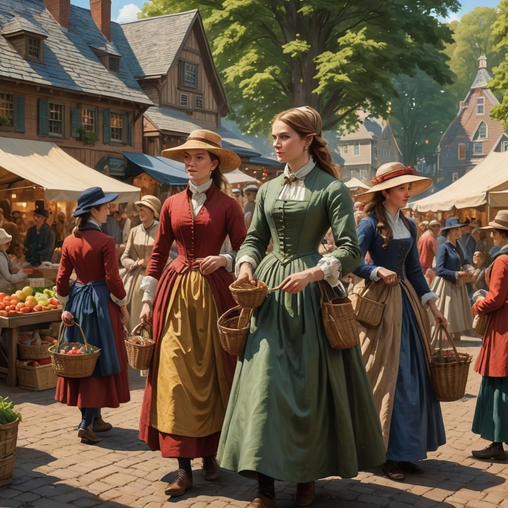 Colonial Market Day in Gouache Style