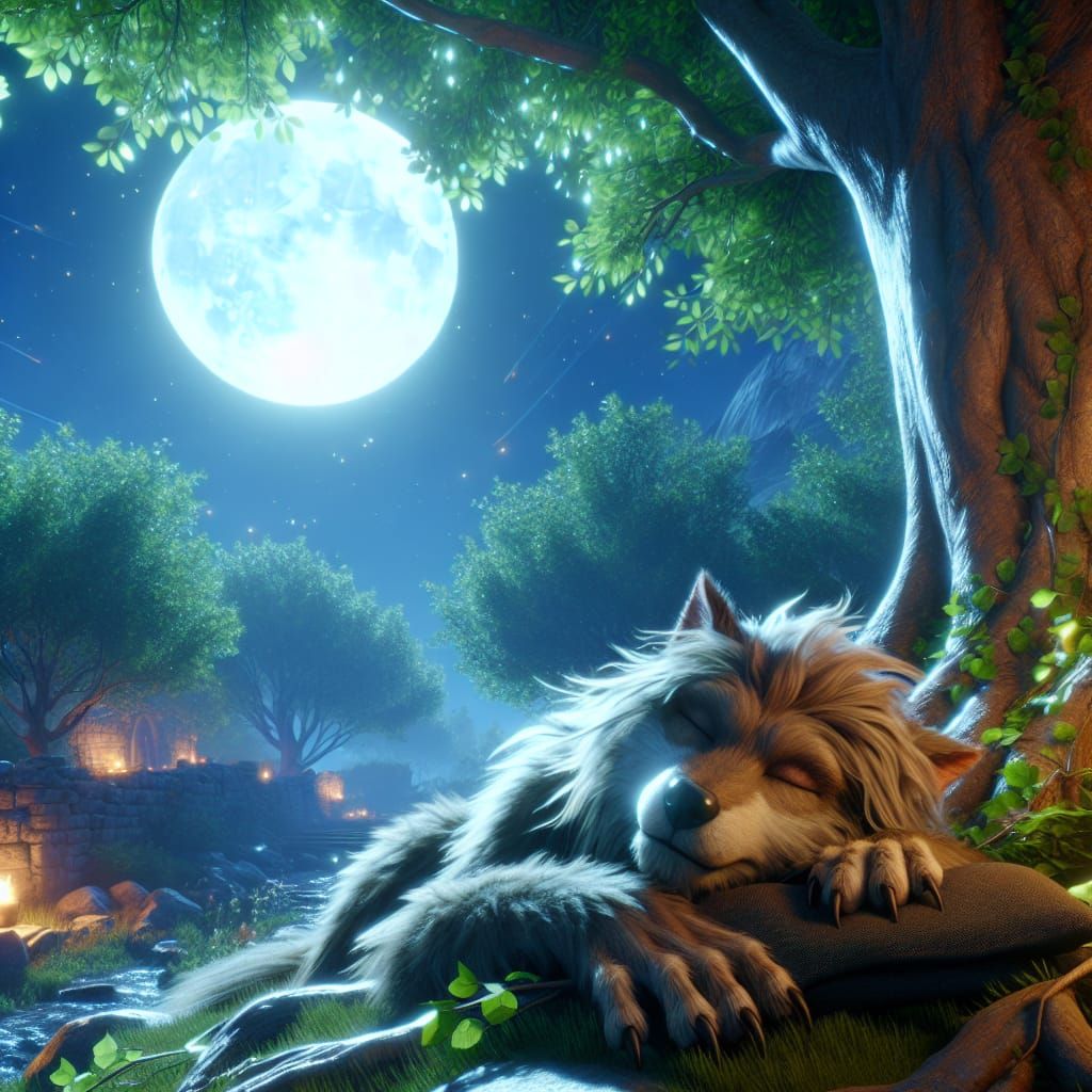 Blissful Werewolf Slumbering Under Moonlight: 3D Game Cinema...
