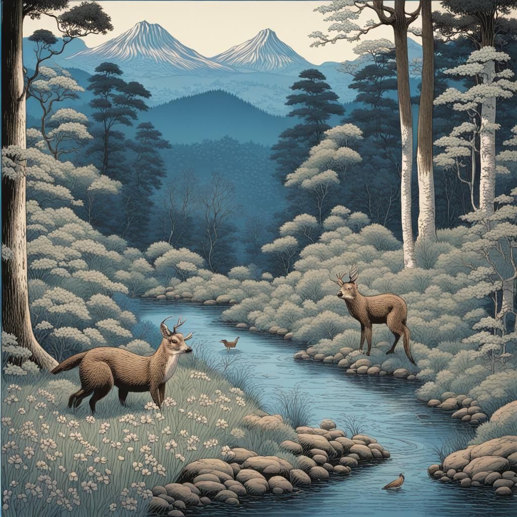 Woodland Scene in Japanese Woodblock Style