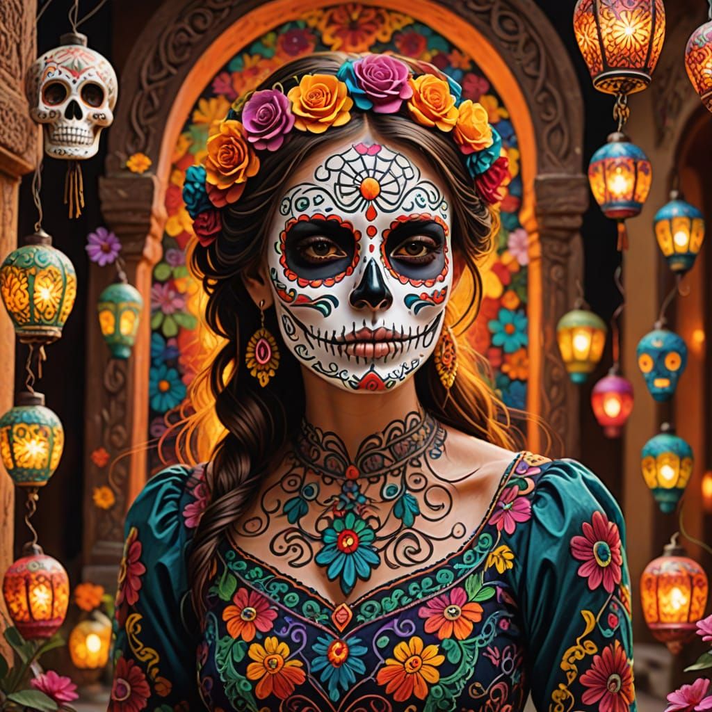 Vibrant Sugar Skull in Ornate Mexican Courtyard