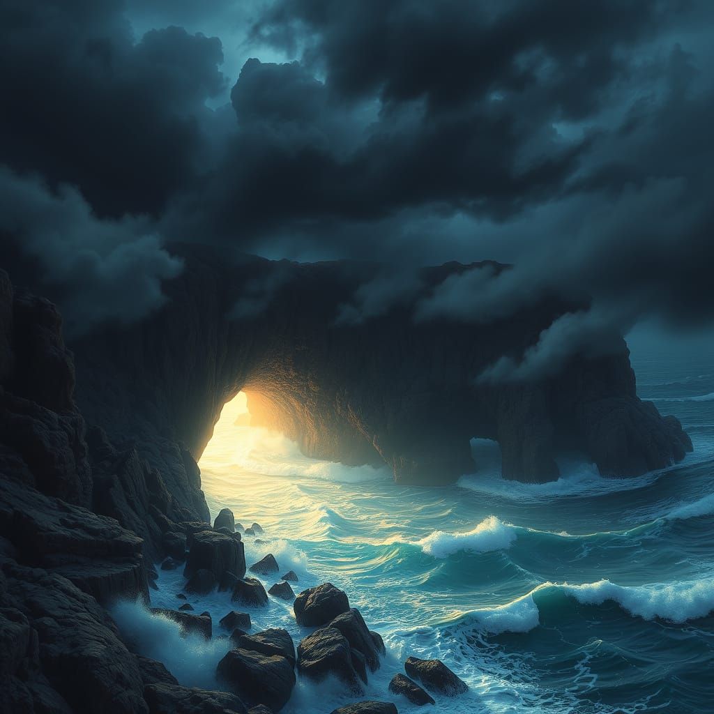 Majestic Ocean Caves in Ethereal Glow