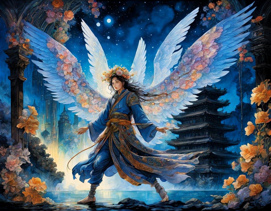 Golden Pointillism Angel in Temple with Bioluminescent Flowe...