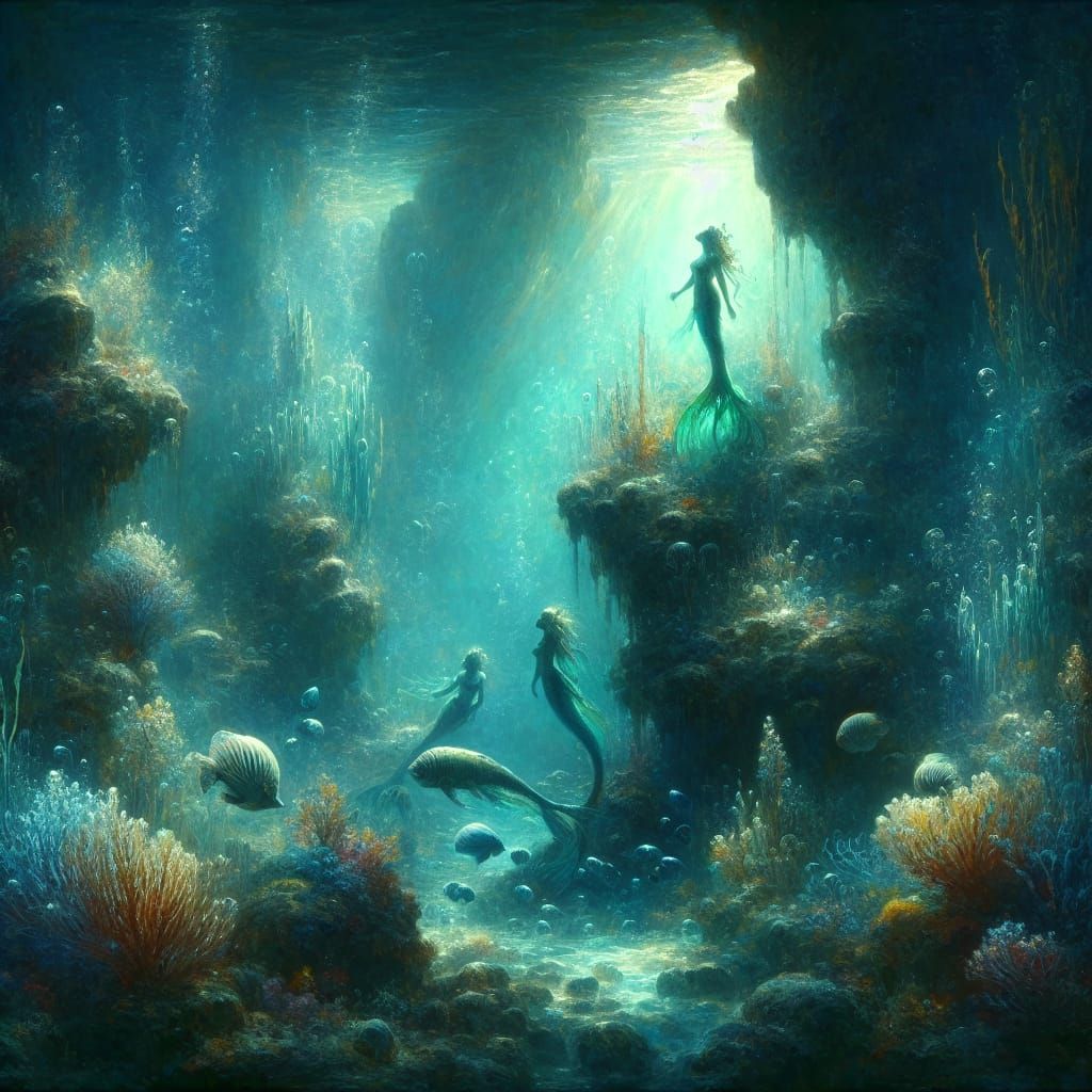 Ethereal Underwater Realm in Victorian Romanticism Style