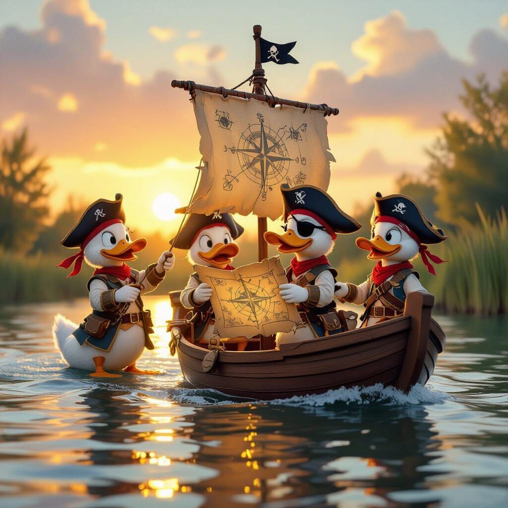 Duck Pirates Sail a Miniature Ship with Treasure Map