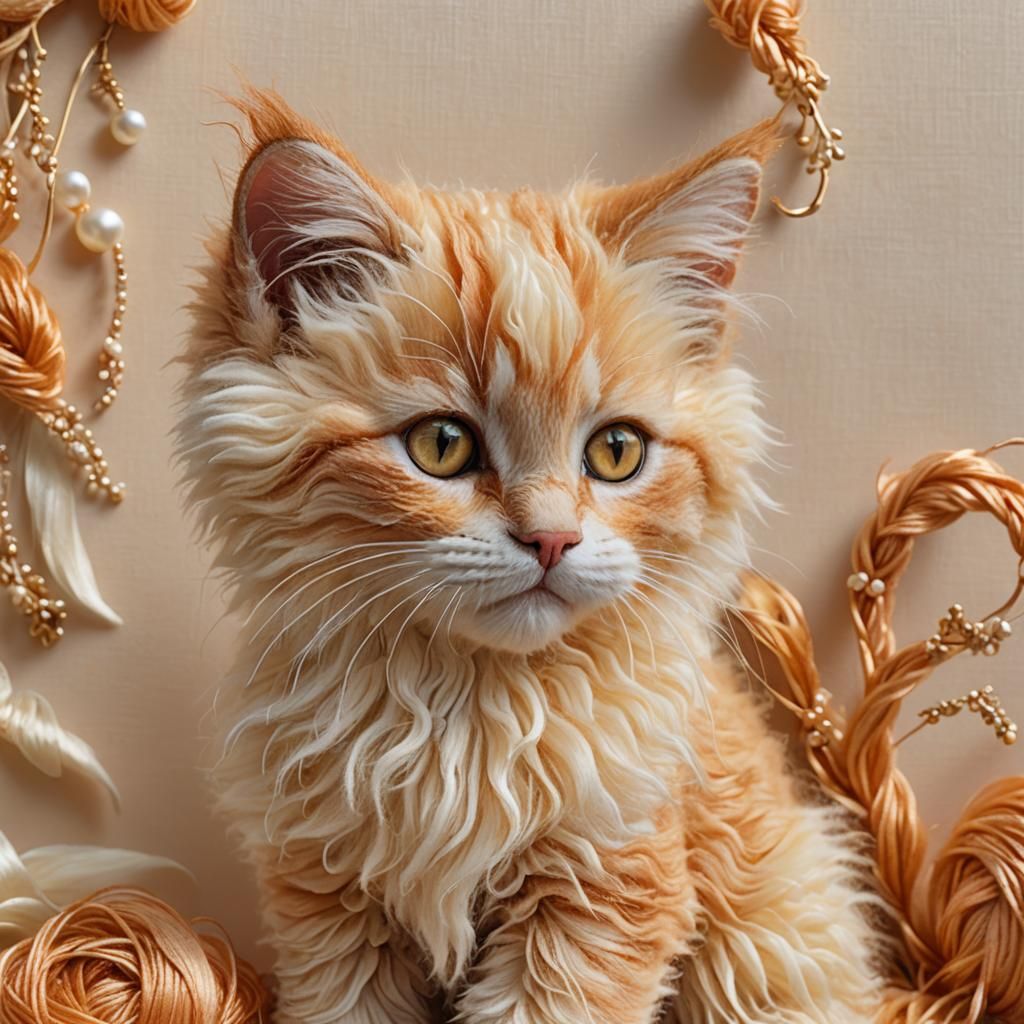 A small ginger very fluffy curly  kitten, with a long fluffy...