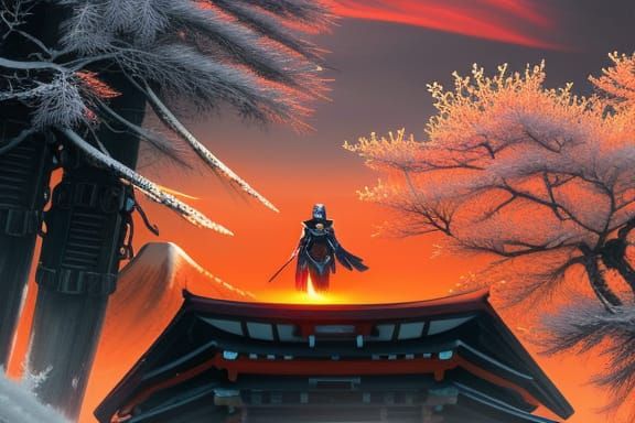 Robotic Ninja at Snowy Fuji Sunrise: Digital Art
