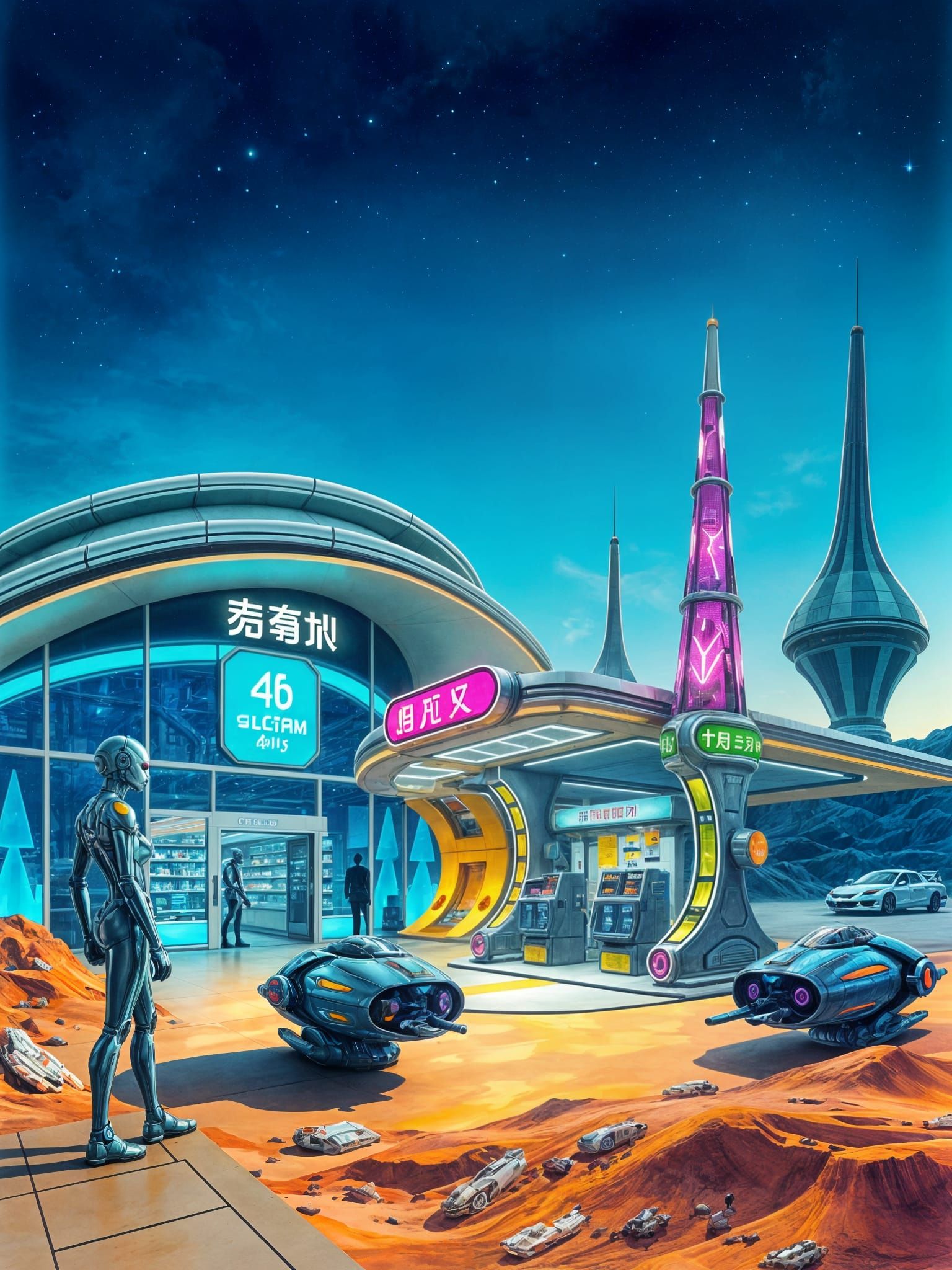Futuristic Alien Gas Station with Robot Attendant
