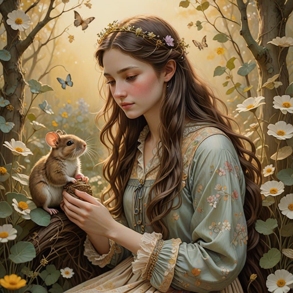 Whimsical Lady with Mice in Gentle Art Nouveau Style
