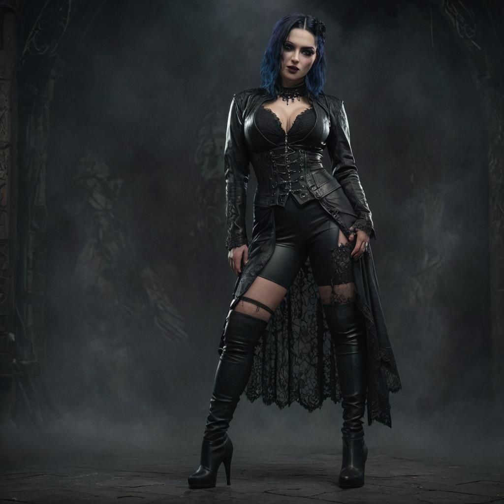 A hyperrealistic 3d render of a Voluptuous Goth woman, weari...