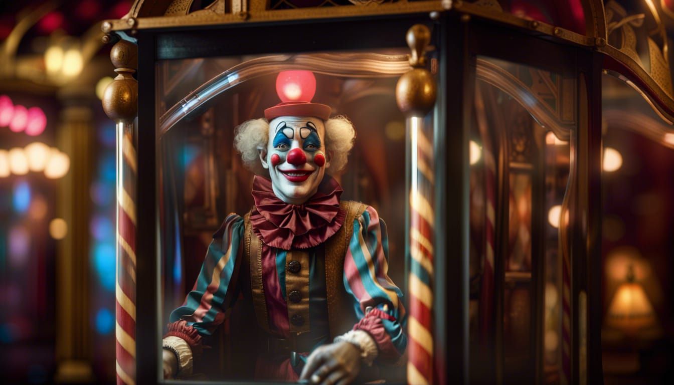 A mechanical clown autonomaton at a Victorian amusement arcade