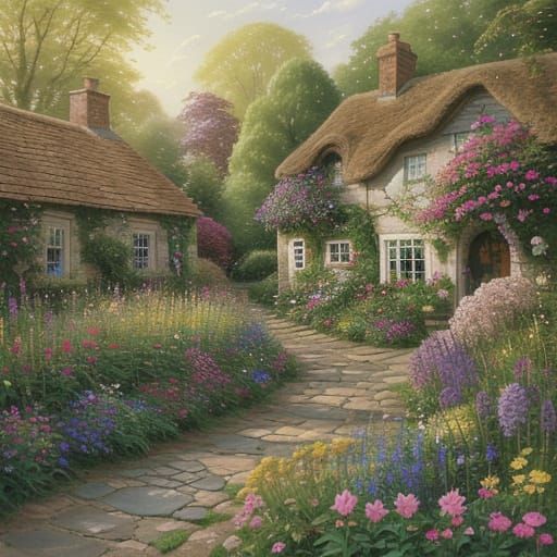 Cozy Whimsical Cottage Garden in Warm Pastel Hues