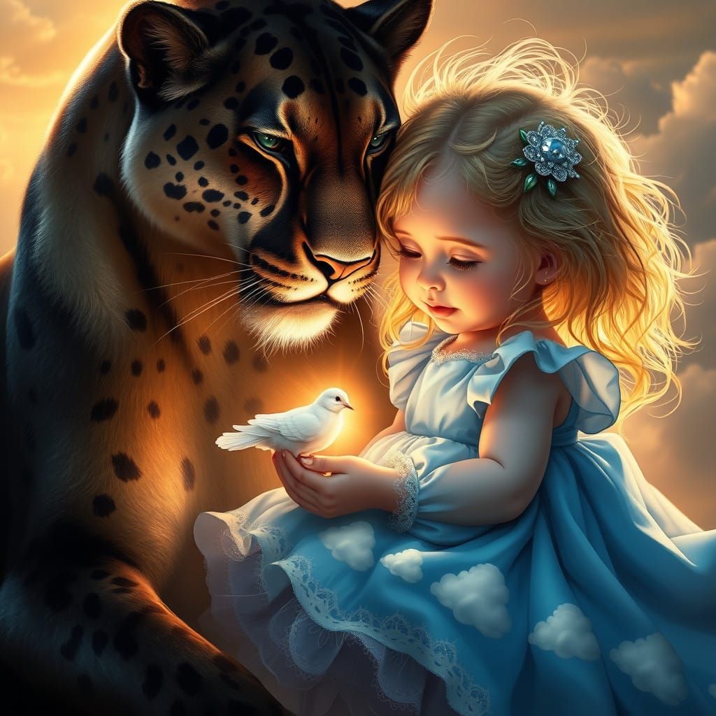 Panther and Baby Girl in Whimsical Heaven Scene
