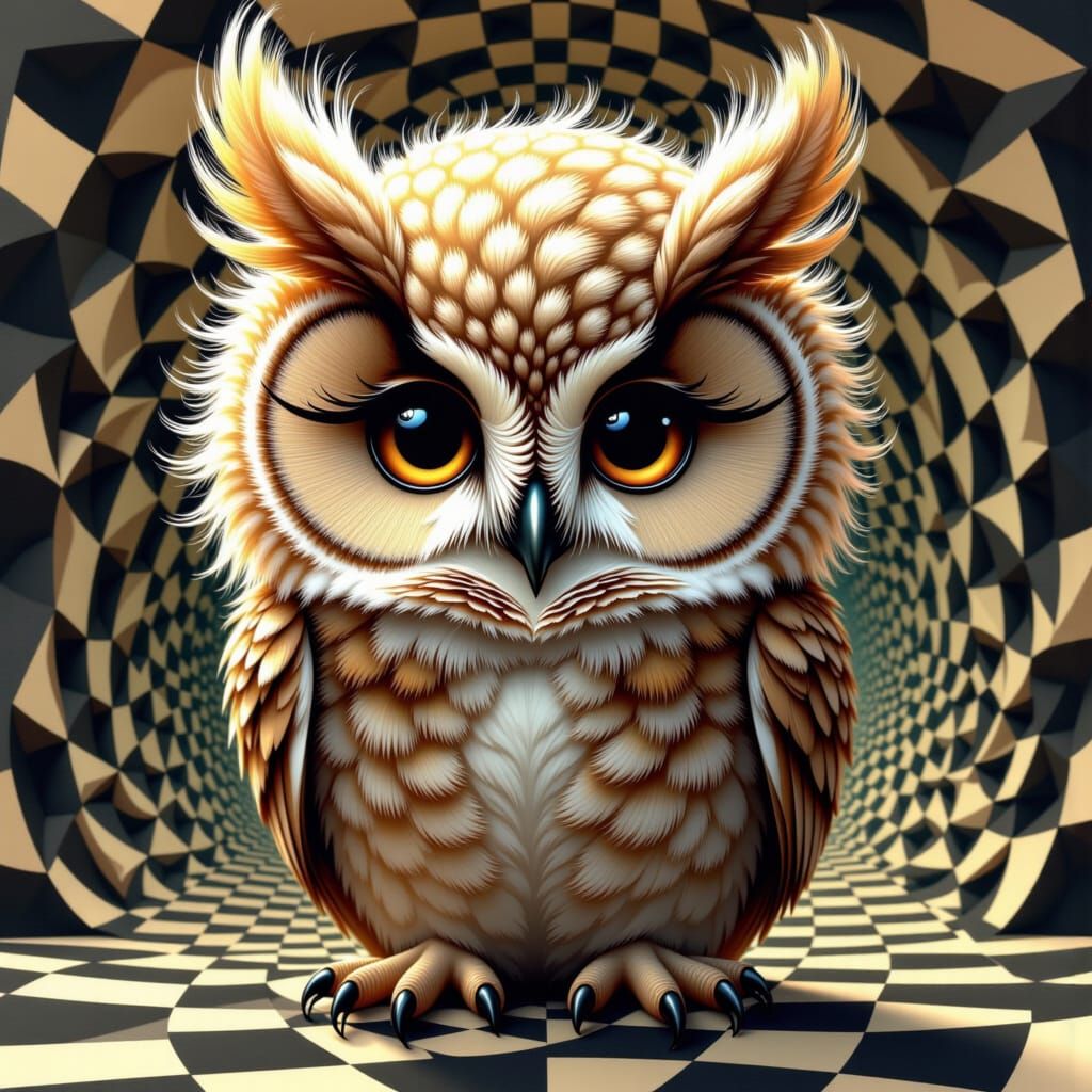 Ultra Cute Owl in Escher-Inspired Surreal Geometry