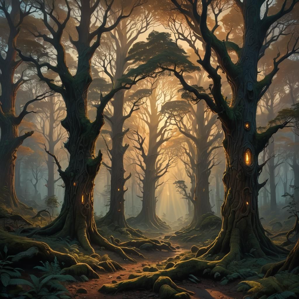 Mystic Forest Sunset with Druids, Painterly Digital Art