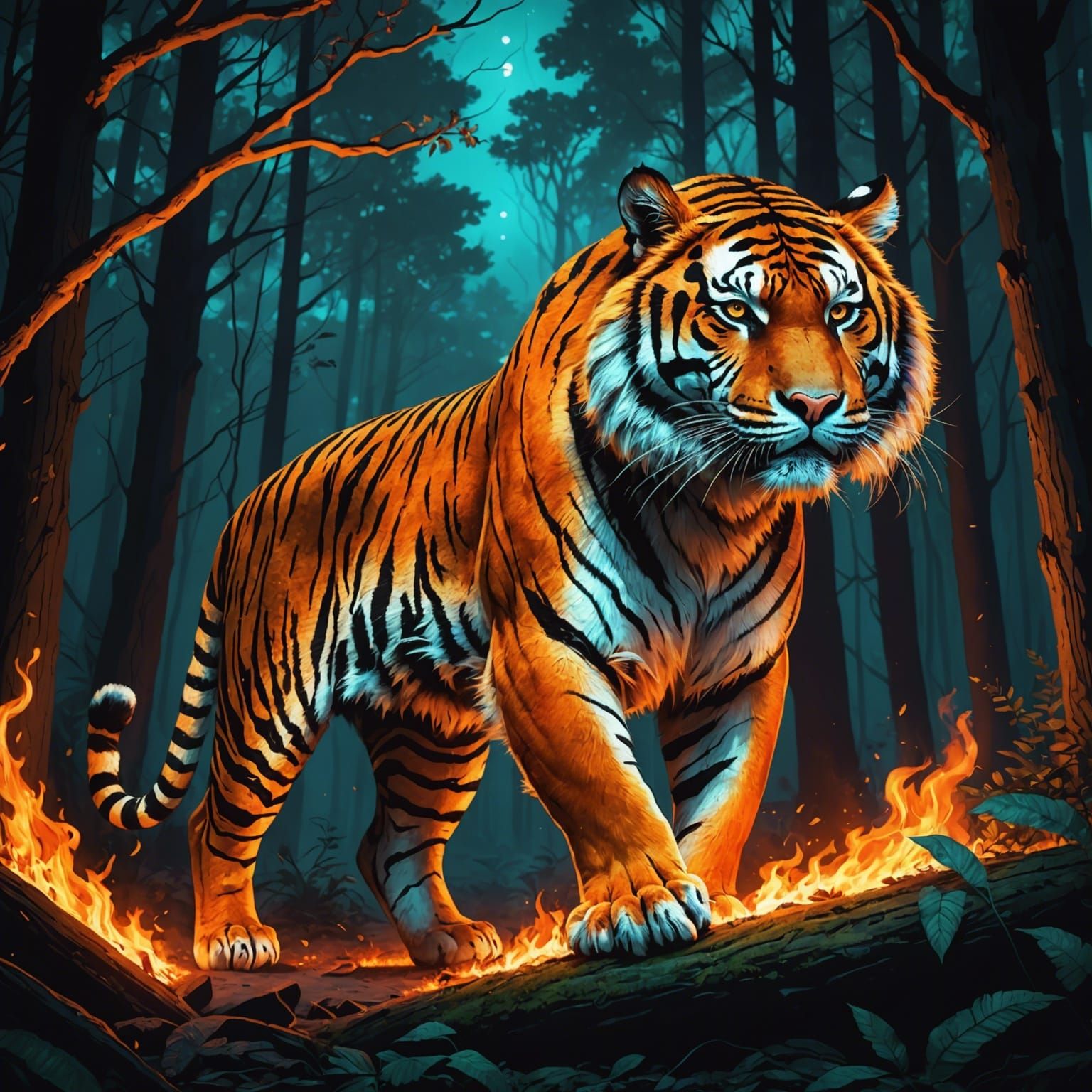 Fiery Tiger in Bioluminescent Forest