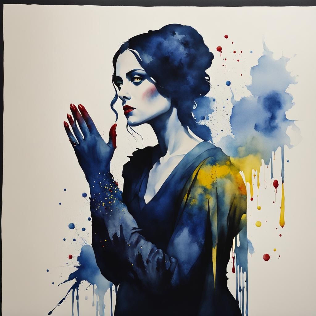 Deranged Lady Macbeth in Watercolours with Bloody Hands